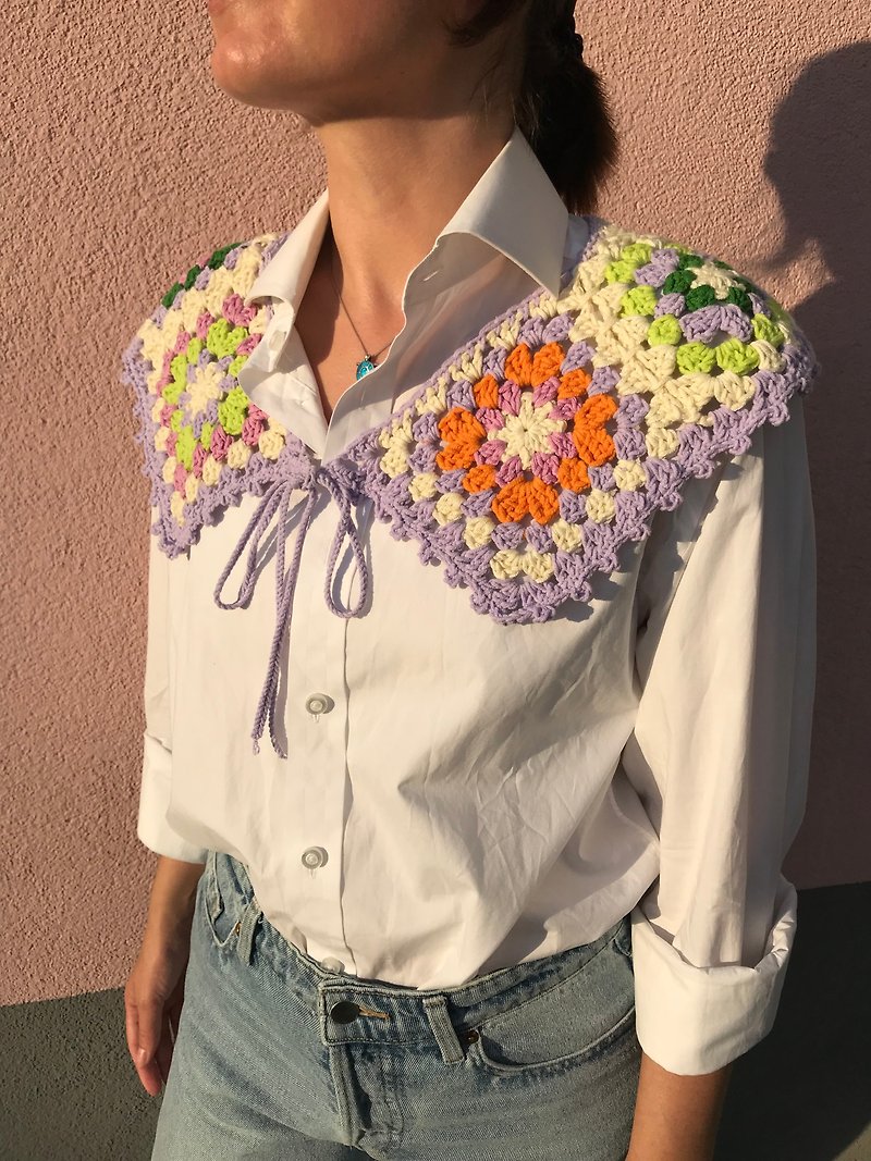 Crocheted cotton collar in granny square technique