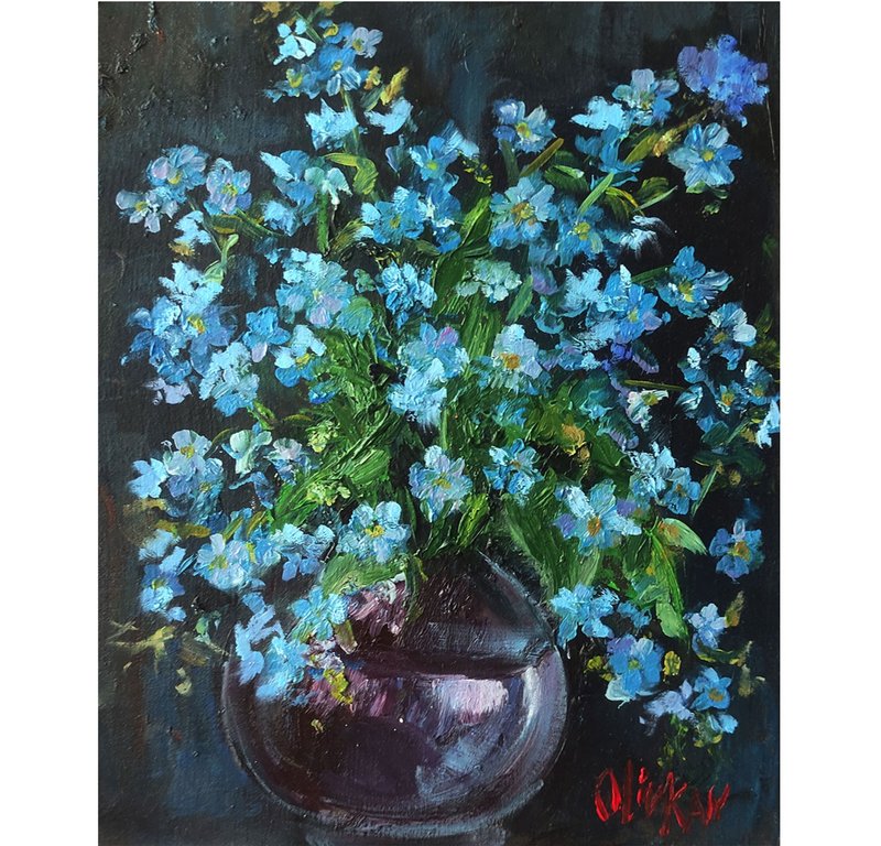 Bluebonnet Painting Forget me nots Original Oil Painting Floral Artwork - Posters - Other Materials Multicolor