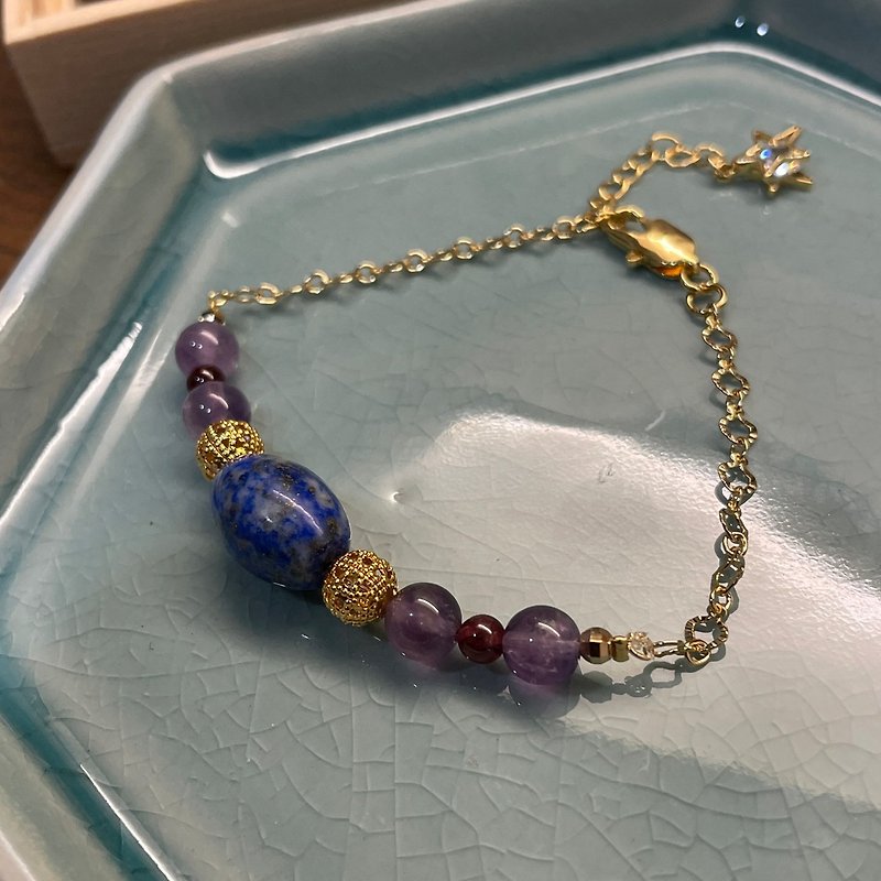 Xiangxi, Lapis Lazuli + Amethyst, Crystal Bracelet, Design Wenchuang Handmade, 14K Gold Injection