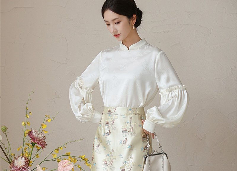 New Chinese style dark pattern jacquard lantern sleeve acetate top/skirt - Women's Tops - Other Materials White