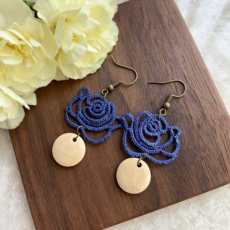 Handwoven Blue Rose Earrings - Earrings & Clip-ons - Cotton & Hemp Blue