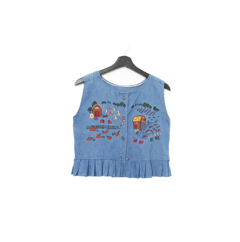 Back to Green-丹寧刺繡背心 木屋 河川南瓜 dv-07//vintage vest - 背心/無袖上衣 - 棉．麻 