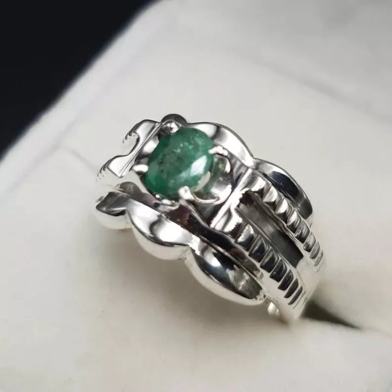 Natural Emerald Ring For Men And Women Sterling Silver 925 Emerald Ring Unisex - 戒指 - 寶石 綠色