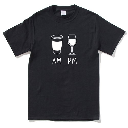 hipster COFFEE AM WINE PM 短袖T恤 黑色 咖啡 酒 禮物 設計 插畫