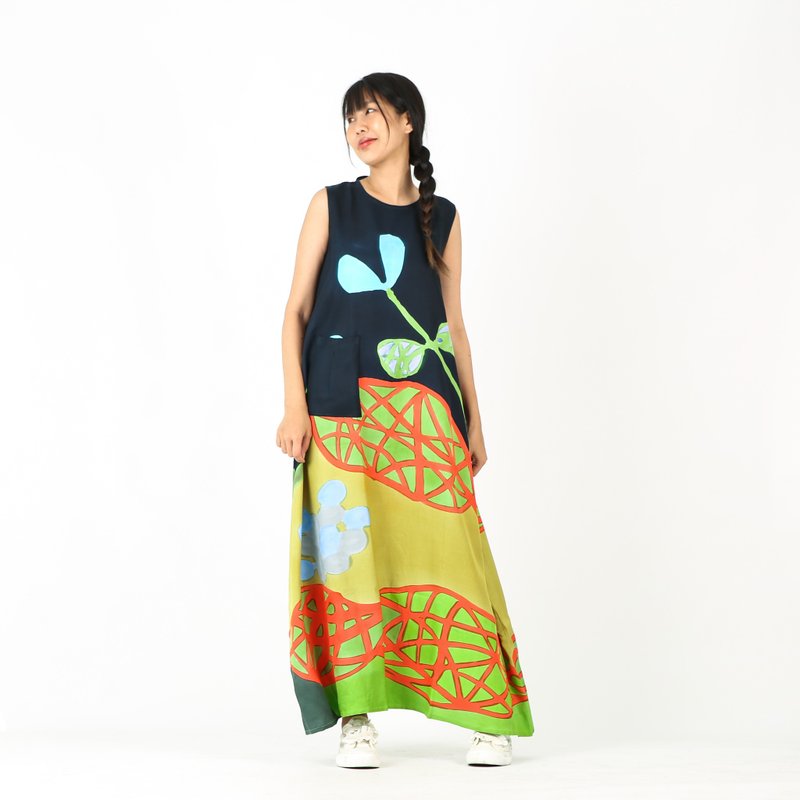 Long Dress Cotton Rayon Hand Paint Free size - ชุดเดรส - ผ้าฝ้าย/ผ้าลินิน สีน้ำเงิน