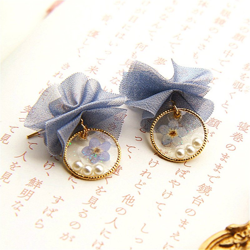 原創 | 【勿忘我】日本進口藍色永生花綢帶蝴蝶結珍珠耳釘耳夾 - 耳環/耳夾/耳骨夾 - 植物．花 藍色