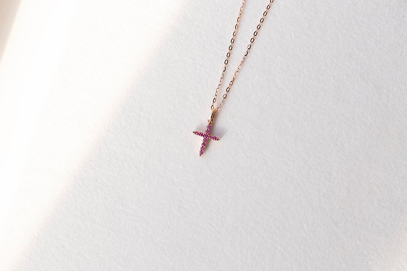 Double-sided design 14K rose gold ruby diamond cross necklace light jewelry gift for girls - สร้อยคอ - เครื่องเพชรพลอย หลากหลายสี