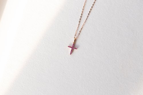 HERLEY JEWELRY 雙面設計 14K玫瑰金 紅寶鑽石十字架項鍊 輕珠寶 女生禮物