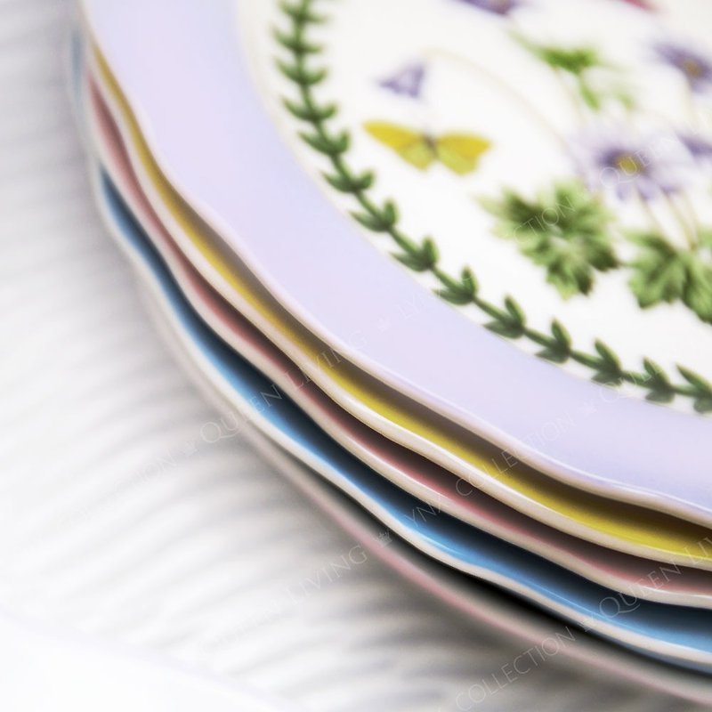 Botanic Garden Terrace Set of 4 Assorted Motif Scalloped Edge Dessert Plates - Plates & Trays - Porcelain Multicolor