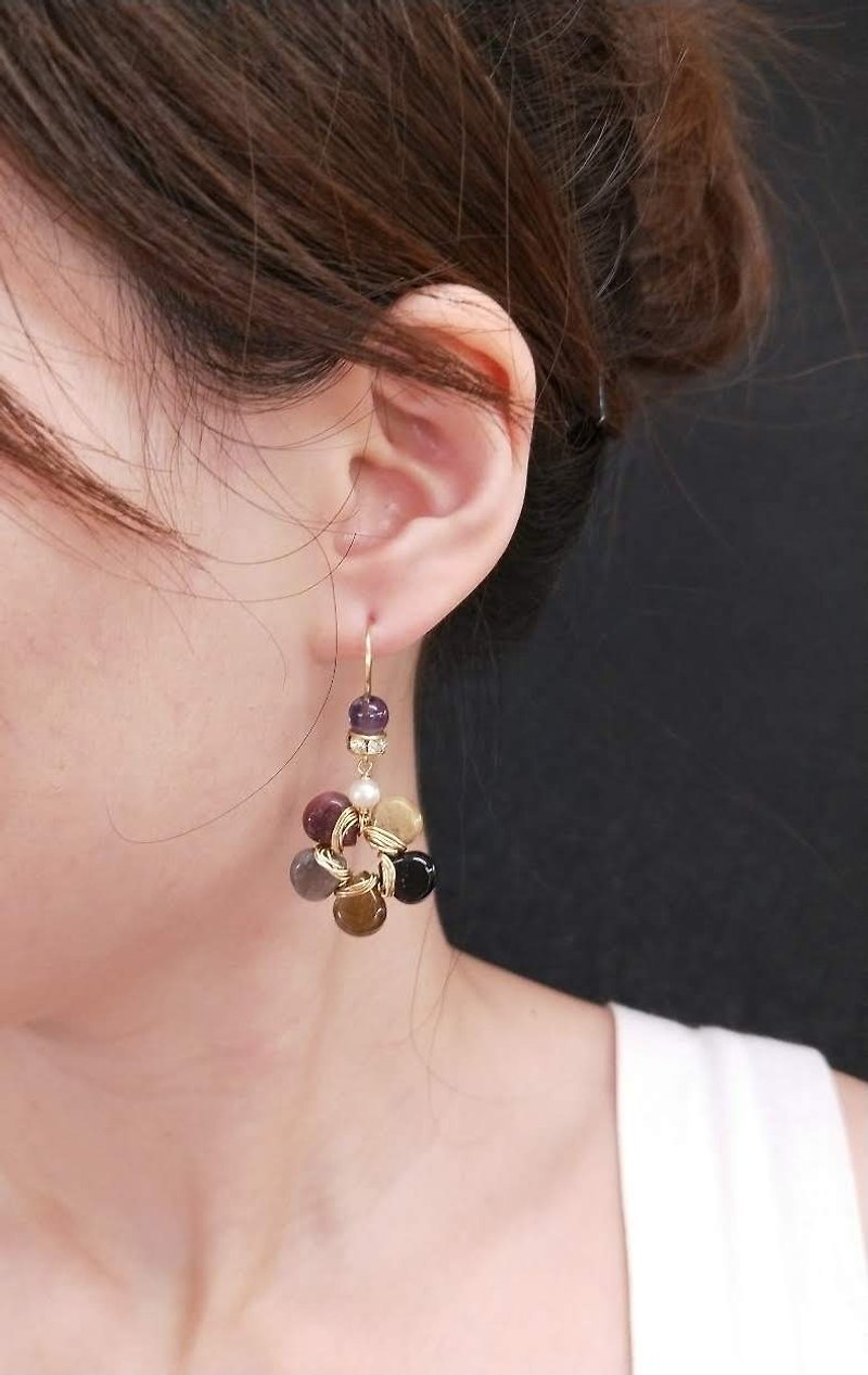 earring. Tourmaline flower * Amethyst zircon ear hook ear clip earrings - Earrings & Clip-ons - Semi-Precious Stones Multicolor
