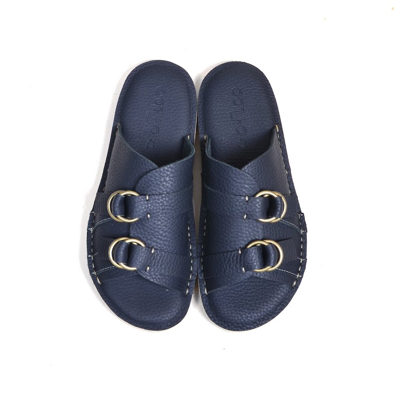 oqLiq-Root-Buckle slippers (dark blue) - รองเท้าแตะ - หนังแท้ สีน้ำเงิน