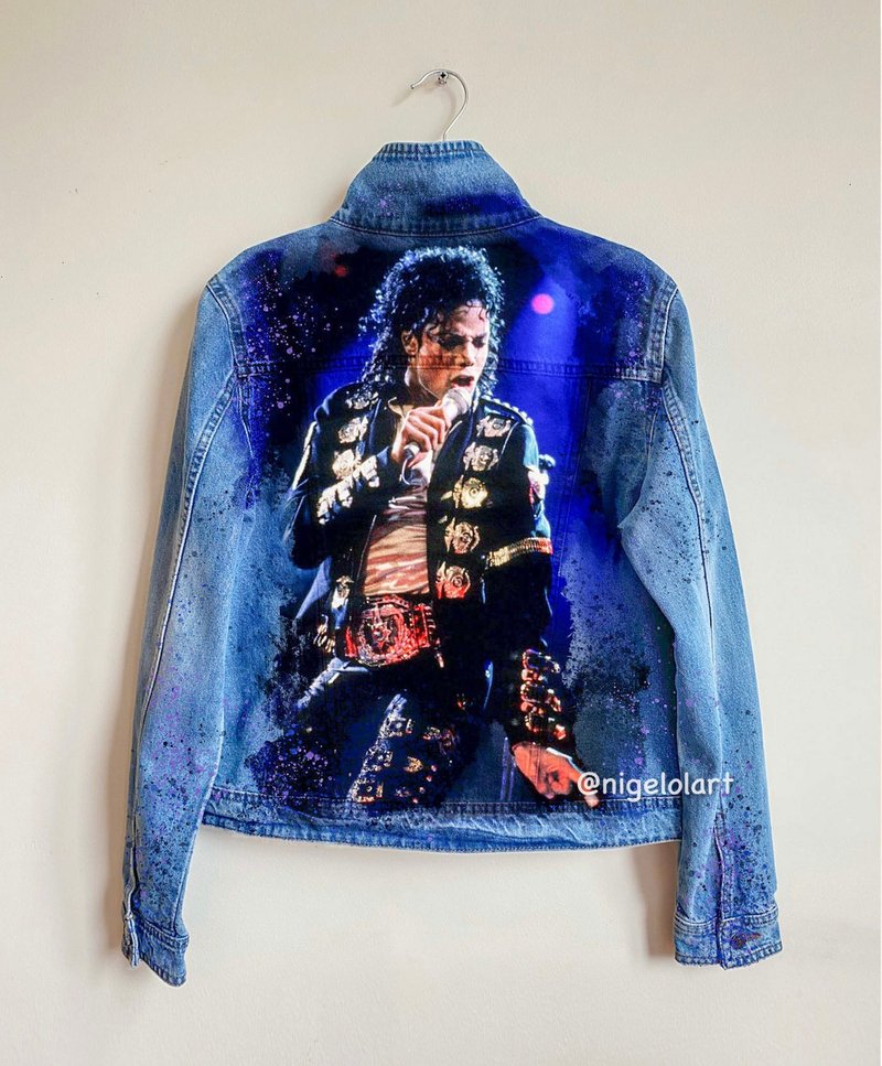 Denim Jacket Michael Jackson, Bad, Handmade Custom jacket dark blue jean jacket, - 女大衣/外套 - 棉．麻 藍色