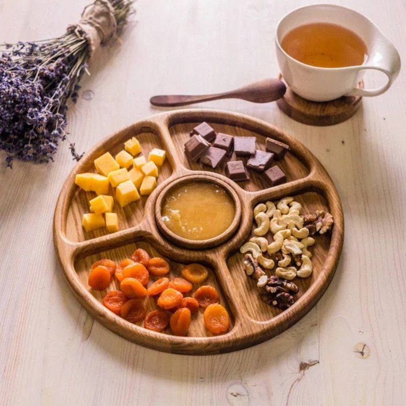 Oak board wooden serving tray / Small porcelain tray with gravy boat - Plates & Trays - Wood Brown