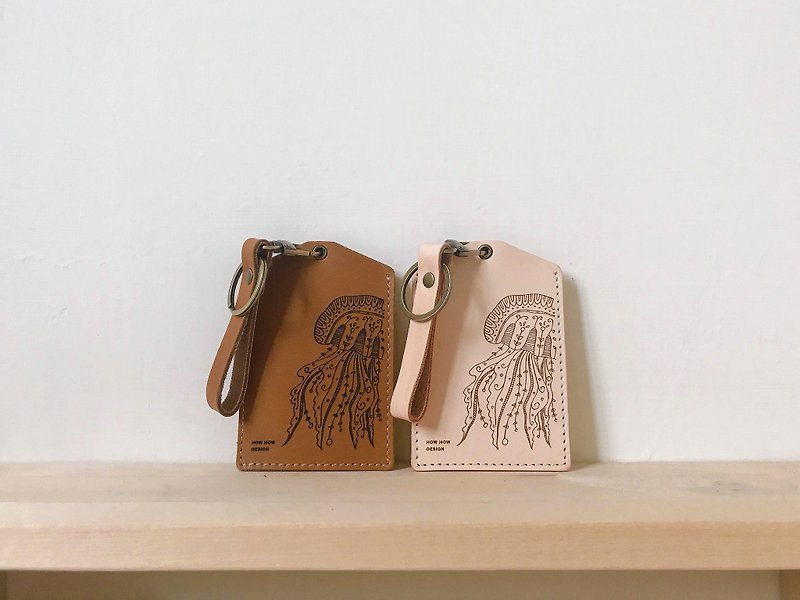 Vegetable tanned leather multi-purpose card holder x jellyfish x ocean totem design - ID & Badge Holders - Faux Leather 