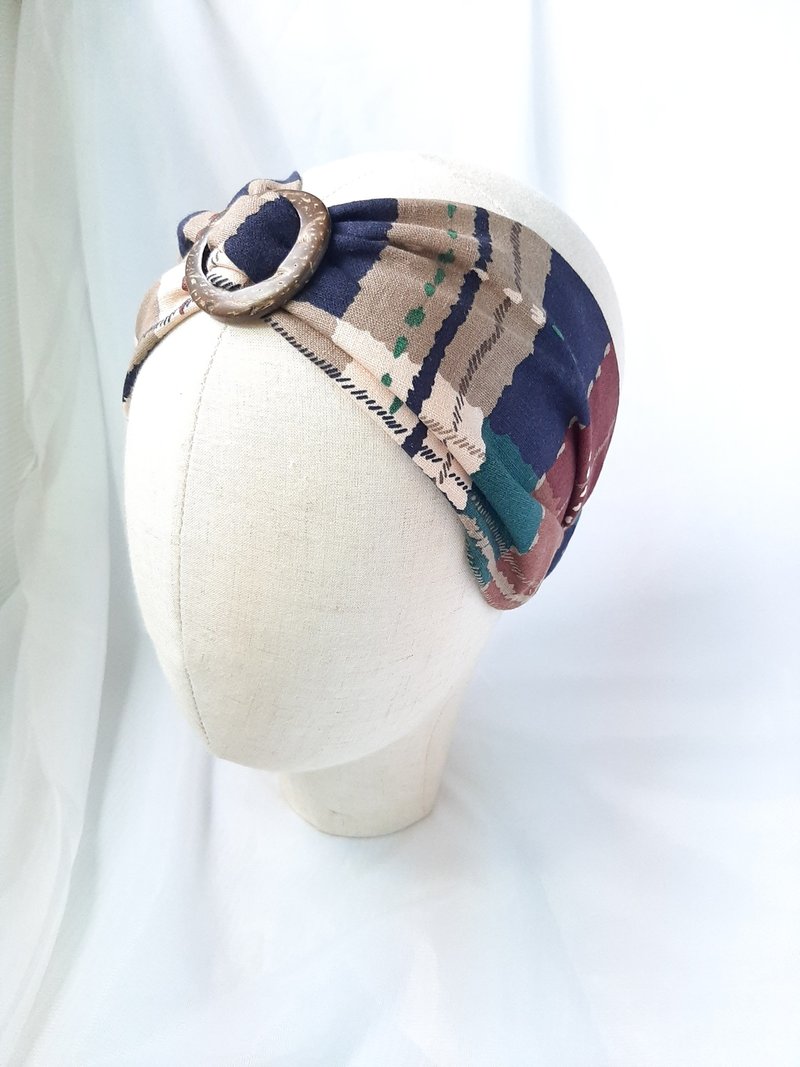 Coffee Teal plaid coconut shell buckle hair band - Headbands - Cotton & Hemp Multicolor