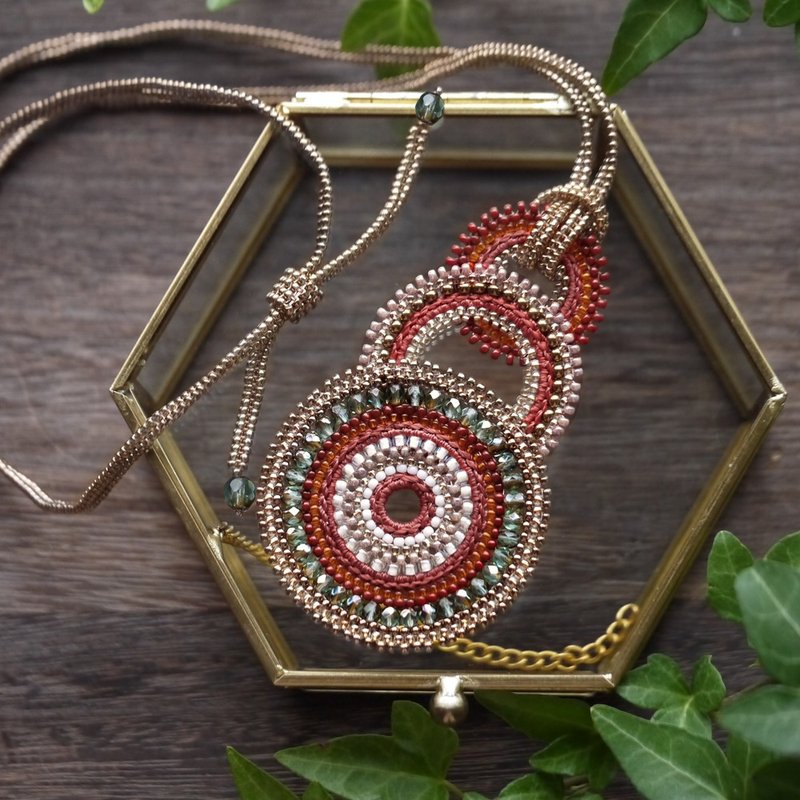 Glass Beaded Necklace,Long,Terracotta color, Shape imaged Three wheels - สร้อยคอ - แก้ว สีแดง