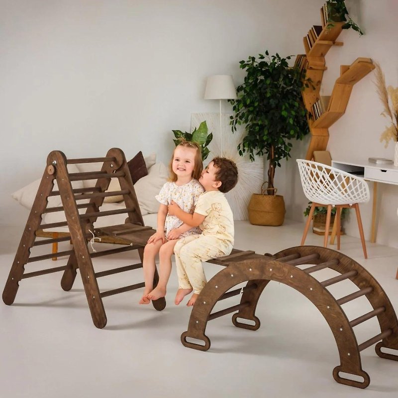 3in1 Montessori Climbing Set: Triangle Ladder + Wooden Arch + Slide Board - Kids' Furniture - Wood Brown