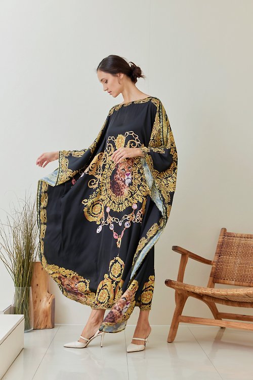 slowsundaynight Leopard Silk Black Gold Kaftan Maxi Dress, Kaftan Beach, Silk Kaftan Boho