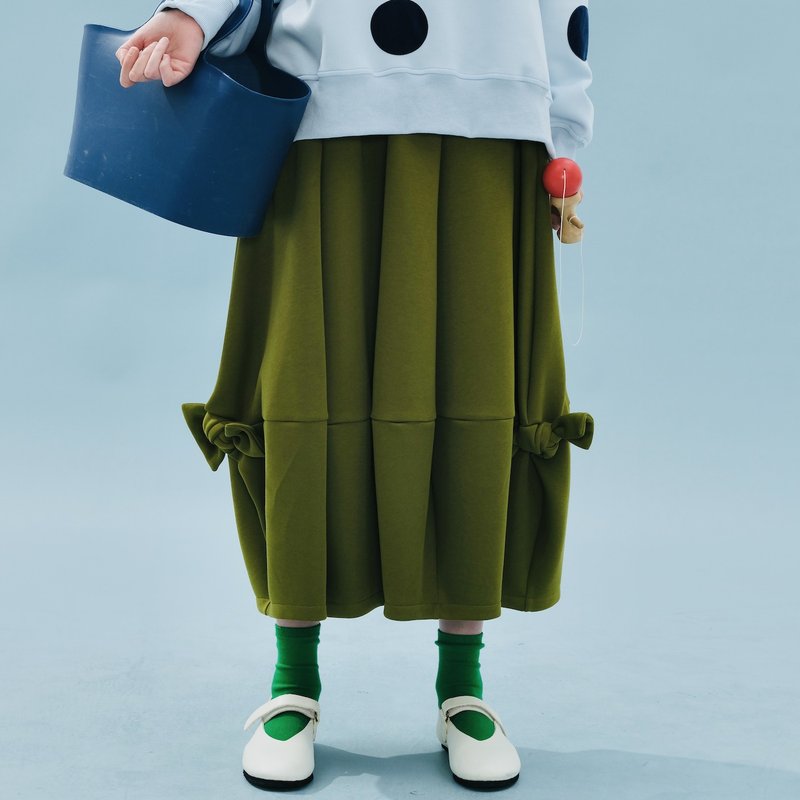 橄欖綠蝴蝶結燈籠裙 / 半身裙 裙子 空氣棉 - 裙子/長裙 - 棉．麻 綠色