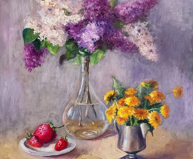 キャンバス絵画花ライラックオリジナルアート花瓶の花束花の静物画