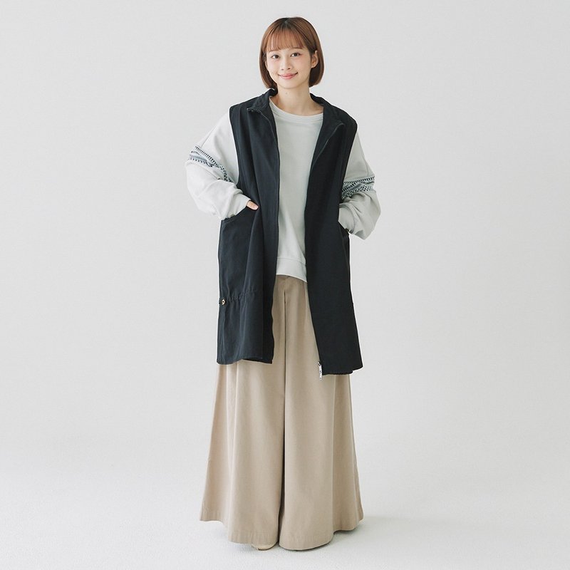 【Simply Yours】Drawstring Pocket Long Vest - 黑F - Women's Vests - Cotton & Hemp Black