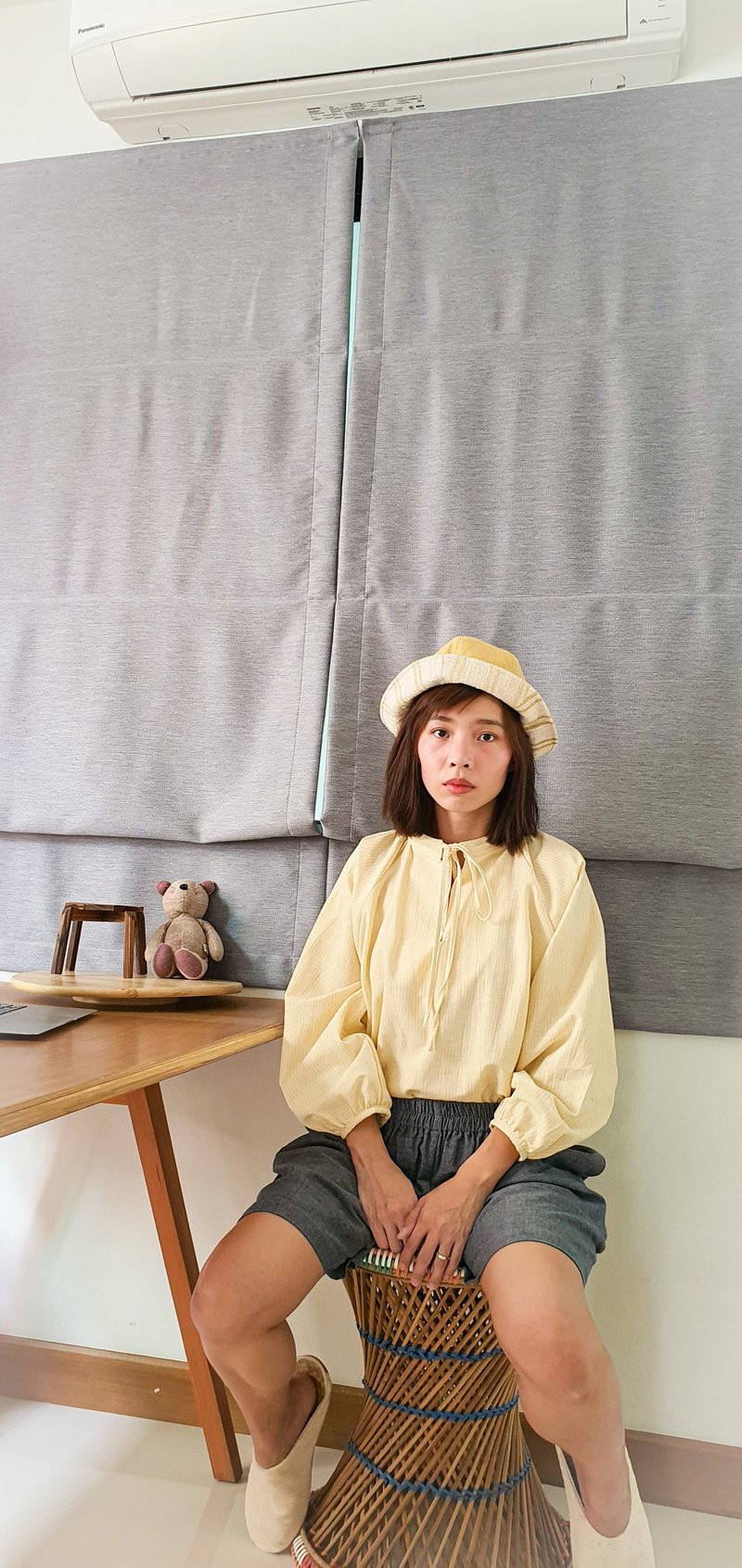 Ribbin Top yellow cream line - 女上衣/長袖上衣 - 棉．麻 黃色