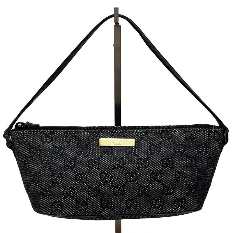 本物 GUCCI グッチ アクセサリーポーチ GG柄 デニム キャンバス レザー ブラック 中古 - 化妝包/收納袋 - 其他材質 黑色