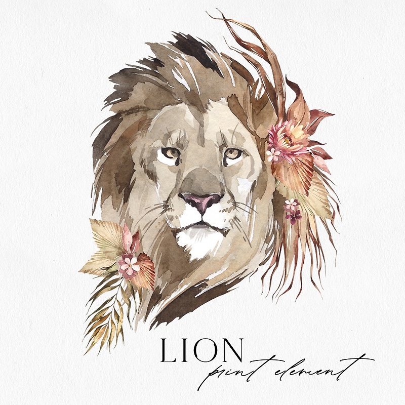 Watercolor Illustration Lion Portrait, dry leaves. Digital Electronic PNG file. - 電子似顏繪/繪畫/插畫 - 其他材質 