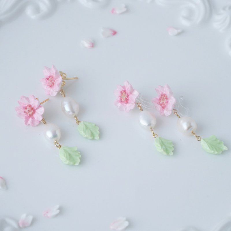 【季節限定】花見 和菓子風 櫻花黏土擠花 巴洛克珍珠 耳環/耳夾 - 耳環/耳夾/耳骨夾 - 樹脂 粉紅色