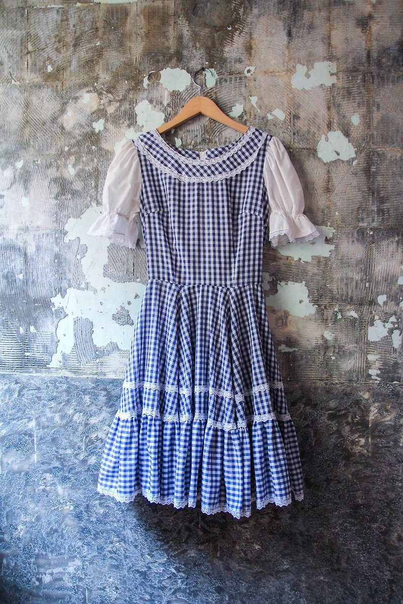 Vintage American Blue Plaid Round Neck Lace Sleeve Dress - ชุดเดรส - ผ้าฝ้าย/ผ้าลินิน 