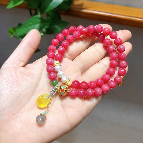 Sri Yantra 原創天然薔薇手鏈搭配蜜蠟珍珠美容養顏禮物