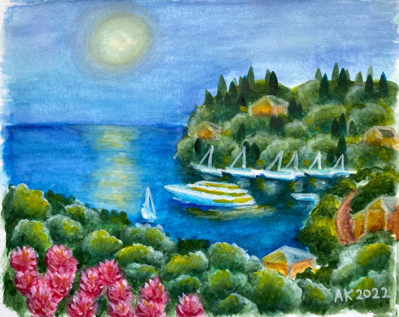 Under the Moonlight watercolour painting, nature artwork, Monaco, South France - 壁貼/牆壁裝飾 - 其他材質 綠色
