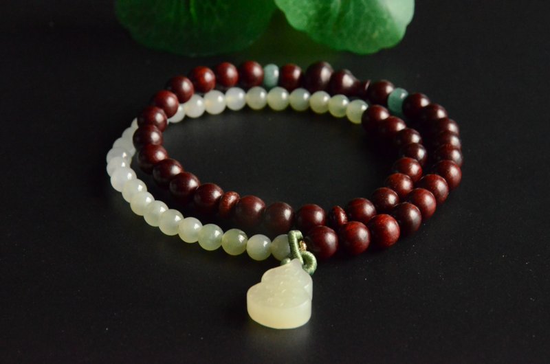 【Fu'an】Small-leaf red sandalwood double circle gradient Hetian jade fortune bracelet - Bracelets - Wood 