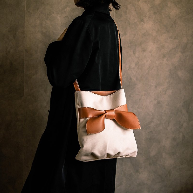 棉．麻 側背包/斜背包 - Linen and leather ribbon shoulder bag linen canvas