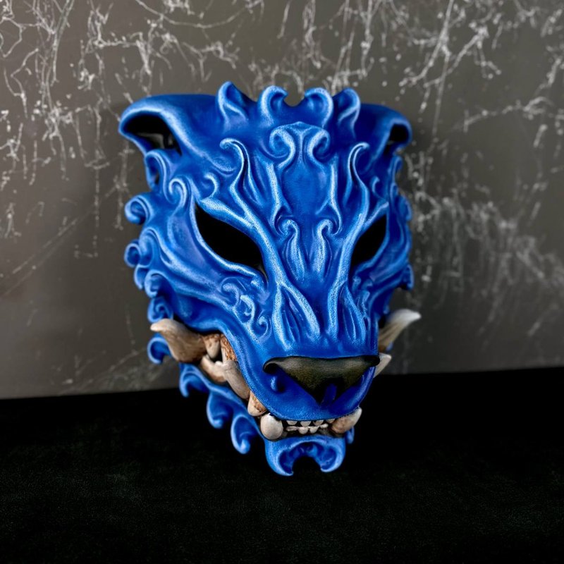 Blue Lion Mask, Komainu mask, Chinese Tiger mask, Foo Dog Mask, Lion-Dog mask - 口罩/口罩收納套 - 樹脂 藍色