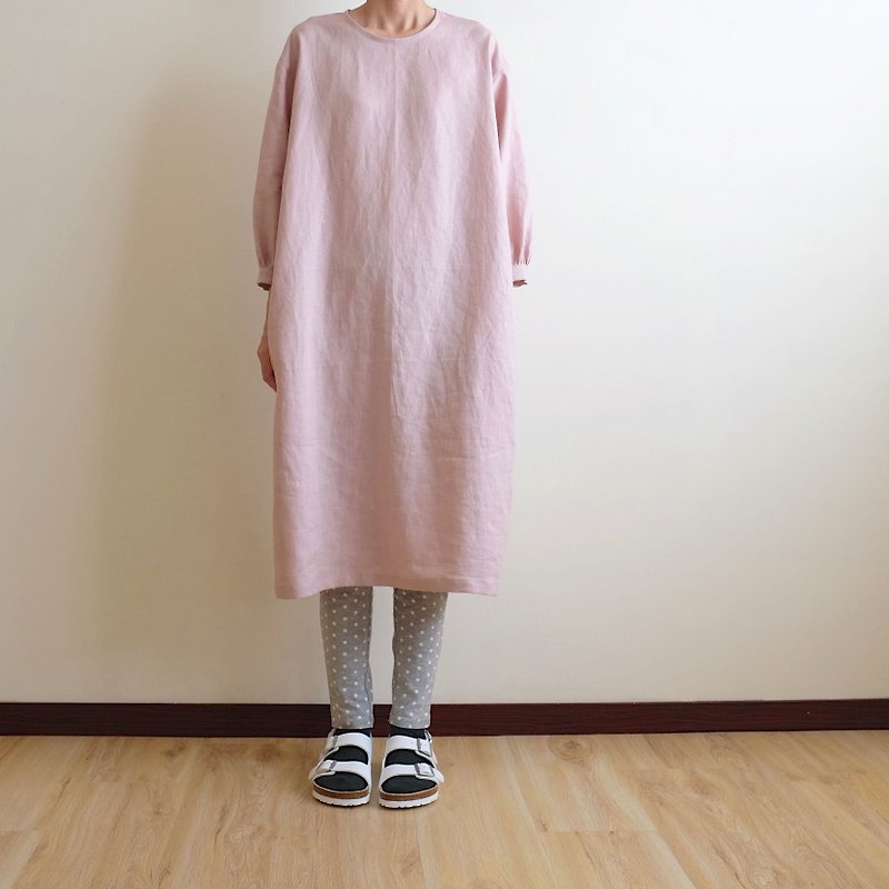 Daily hand-made suit gray pink bubble sleeve straight dress linen - One Piece Dresses - Cotton & Hemp Pink