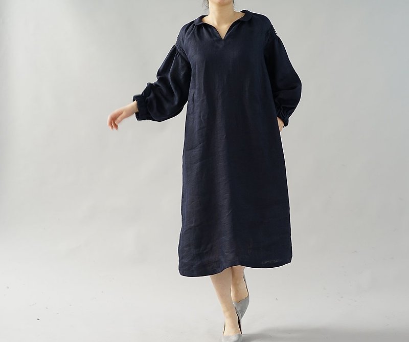 wafu+  special linen dress / puff sleeve / midi lenght / nevy  a26-26 - One Piece Dresses - Cotton & Hemp Blue
