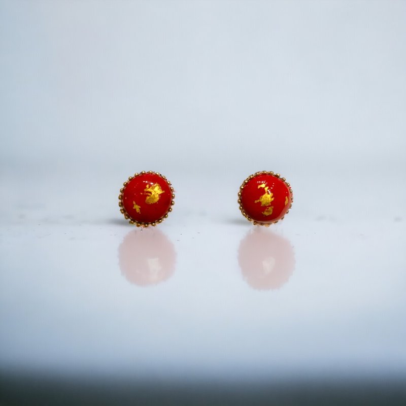 Brilliant red gold leaf Qibao burnt earrings - ต่างหู - วัสดุอื่นๆ สีแดง