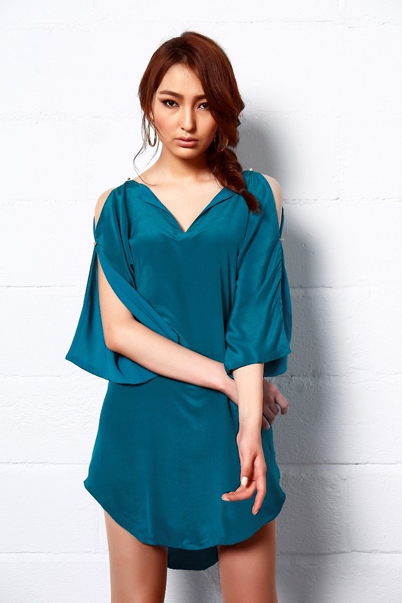 寬松開袖絲質短裙藍綠色 - 裙子/長裙 - 絲．絹 綠色
