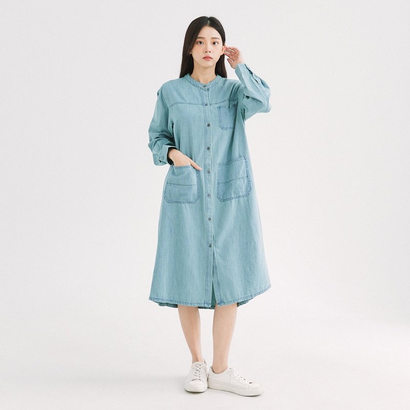 【Simply Yours】Washed Denim Blouse Dress Blue F - ชุดเดรส - ผ้าฝ้าย/ผ้าลินิน สีน้ำเงิน