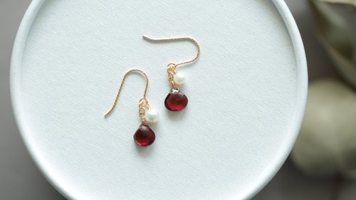 JieJie Jewelry 紅石榴石 珍珠 簡單耳環│14KGF 可改耳夾 戀愛運 開運耳環