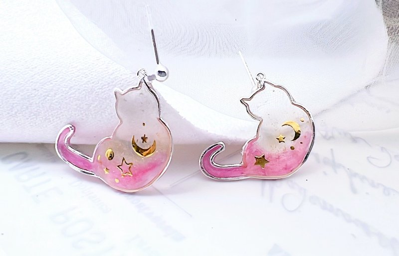 貓咪的星空魔法|夢幻色|粉黃漸層 |金色星月|日本滴膠 純銀 耳環 - 耳環/耳夾 - 其他金屬 多色
