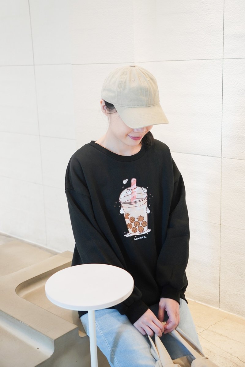 麻糬兔珍奶-刷毛大學T Sweatshirt (酷黑) - 帽T/大學T - 棉．麻 黑色