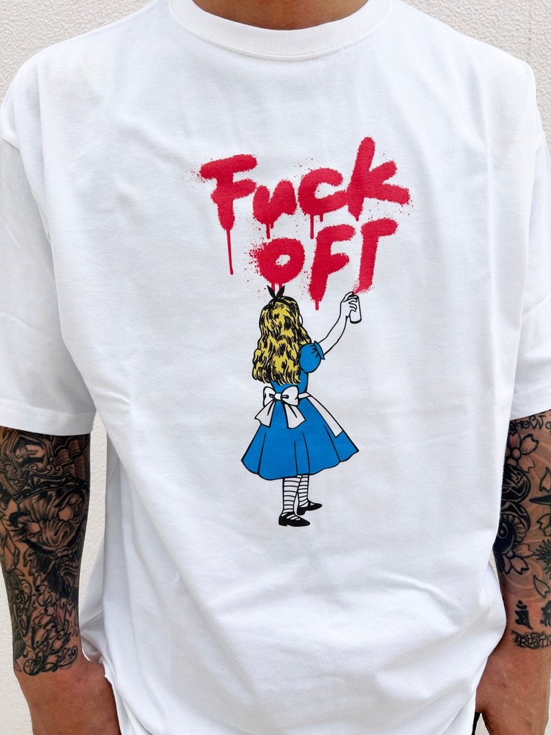 FUCK OFF ビッグTシャツ/ホワイト/ブラック/ユニセックス/hellcatpunks/hcp-t-0253 - 女 T 恤 - 棉．麻 白色
