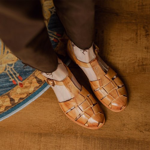 Dwarves 羅馬涼鞋夏季低跟編織真皮涼鞋