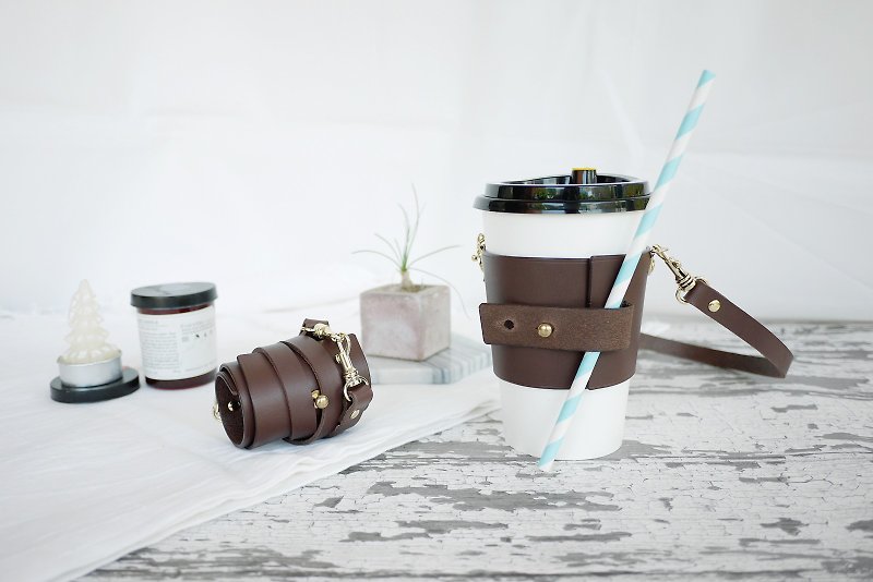 Waterproof Adjustable Drink Cup Set Coffee Cup Sleeve Coffee Brown - Beverage Holders & Bags - Genuine Leather Brown