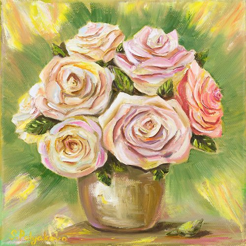 白いバラの絵 キャンバスに花の油絵 バラの花のオリジナルアート