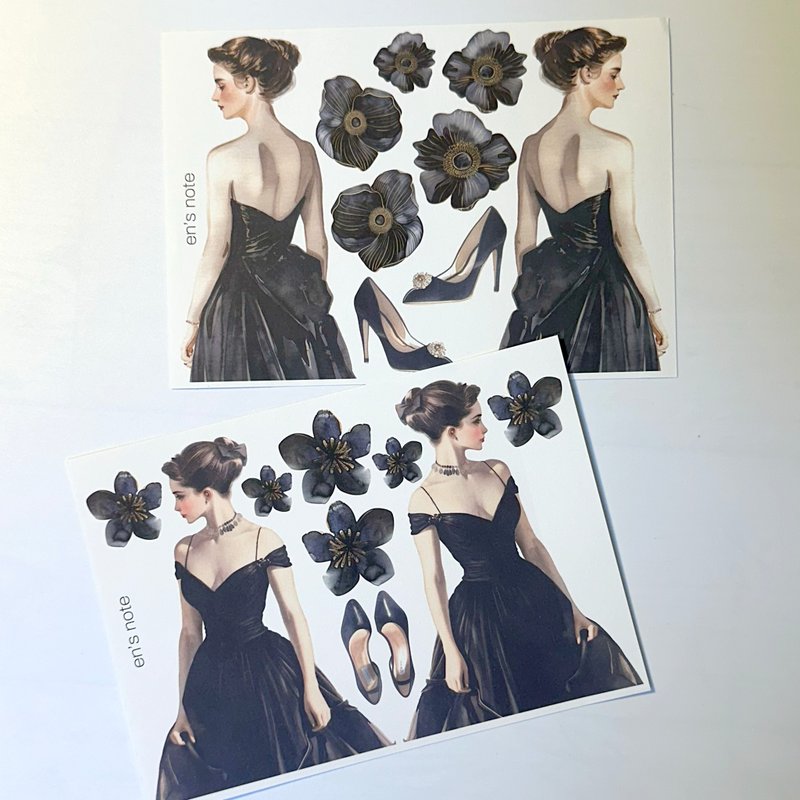 vintage dress girl 2 Type Mix sticker (anns note) - สติกเกอร์ - กระดาษ สีดำ