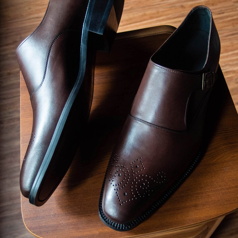 REGENT Single Buckle Carved Monk Shoes - Coffee / Medallion Single Monk Strap-Brown - Men's Leather Shoes - Genuine Leather Brown