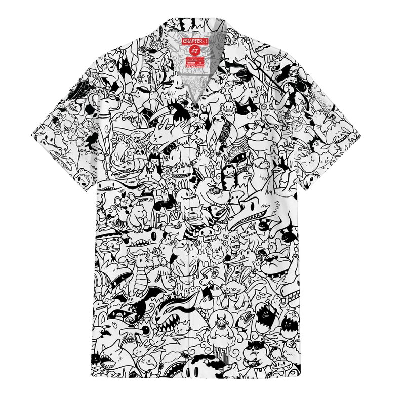 Yokai Devil Italain Silk Hawaii Shirt Over Size - 男襯衫/休閒襯衫 - 其他材質 白色